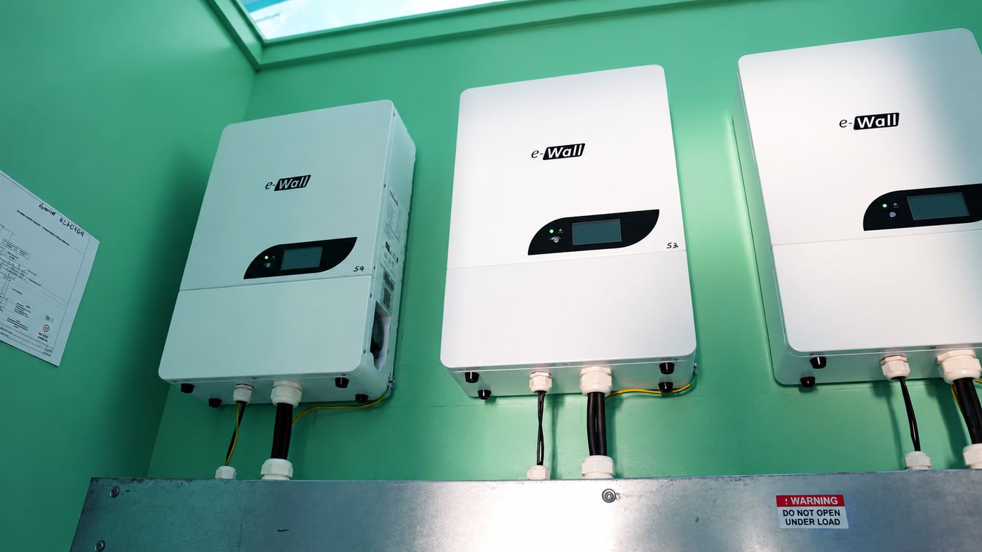 Three wall-mounted battery units on a green wall inside the health centre