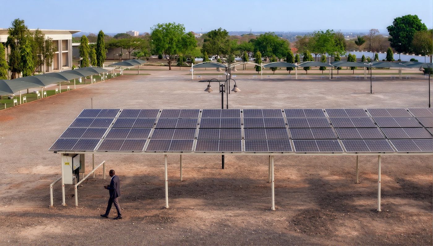 Rows of solar panels on the carport in front of Malawi’s Parliament Building, with a man walking beneath them