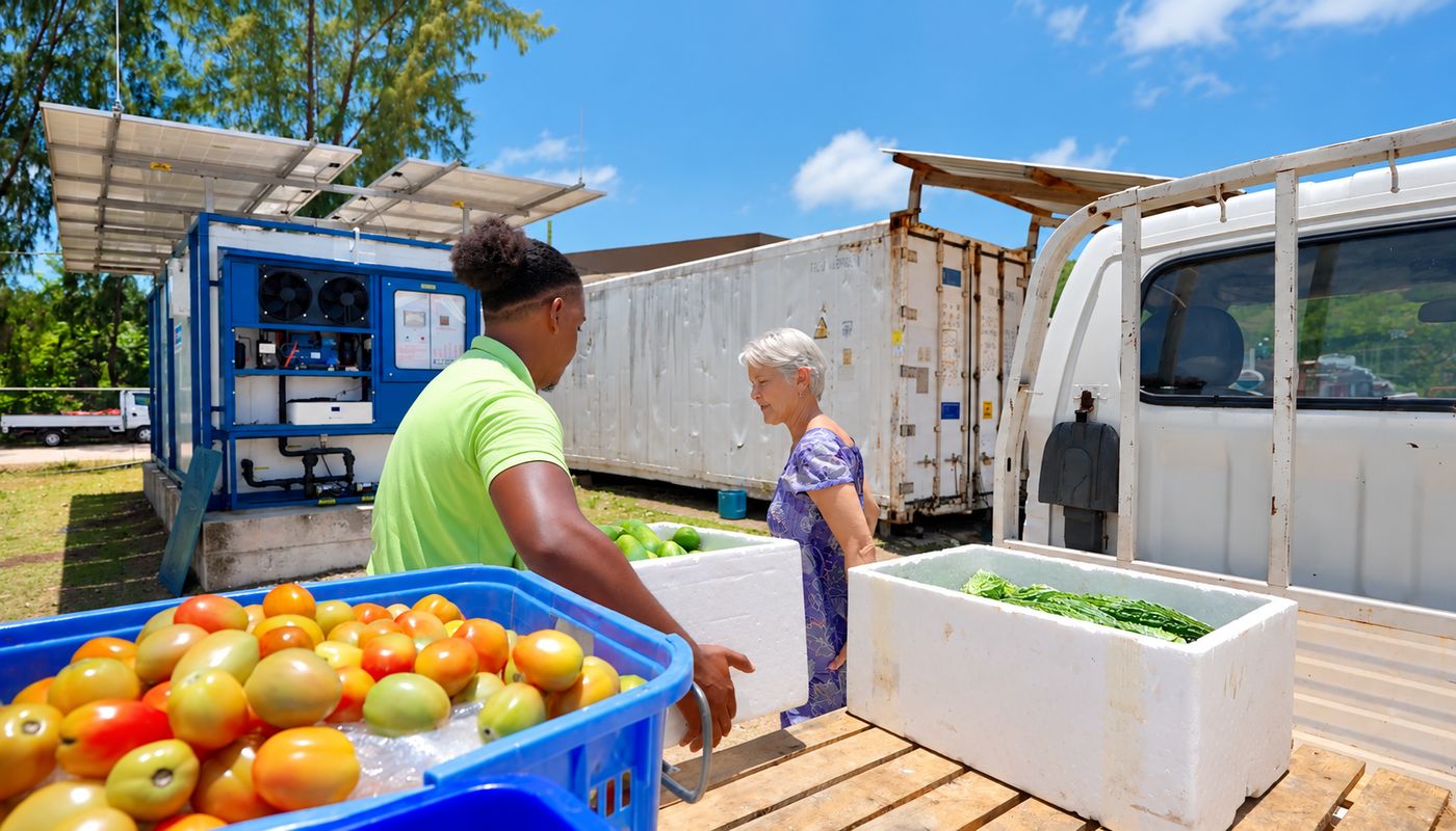 Two people unload crates of tomatoes and greens beside the solar-powered cold-storage unit